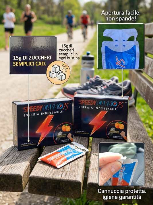 SpeedyCarbo 15 – Confezione da 15 bustine monodose (15g di zuccheri semplici cad.)